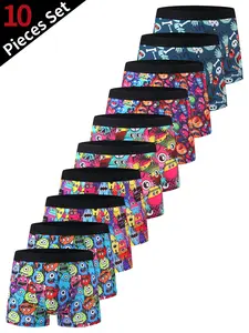 Men's Sexy Cartoon Print Boxer Briefs 10-Pack, Loose-Fitting All-Over Print Trunks, Cute Style Underwear for All Seasons