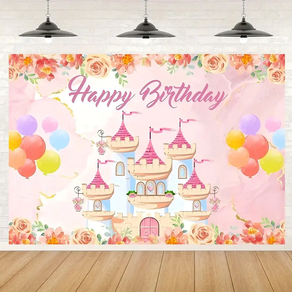2D Flat Birthday Castle Backdrop Banner with Balloons and Flowers Design, Perfect for Indoor and Outdoor Celebrations, Ideal Cake Table Decoration for Birthdays and Anniversaries