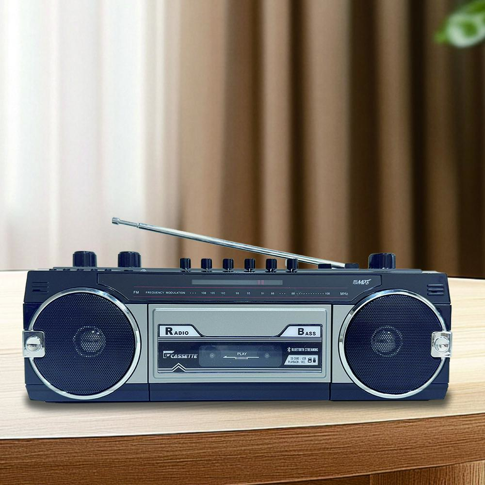 Retro Bluetooth Cassette Boombox Audio Player - Portable Compact Device, Tape to USB/SD Conversion, 80s Style, Wireless, FM Radio, Audio Jack, Mic, Android Control, Gift for 80s Fans, Recording, Laptops