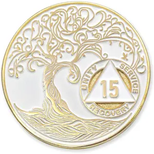 1 to 50 Year Twisted Tree of Life Sobriety Coin - Gold Plated AA Chips & Medallions - 15 Year Sobriety Coin - White