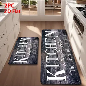 2/3pcs Soft Flannel Kitchen Mat Set, Deep Vintage Wood Grain Base, Non-Slip, Absorbent, Washable Kitchen Rugs, Ideal for Kitchen, Bathroom, Laundry Room