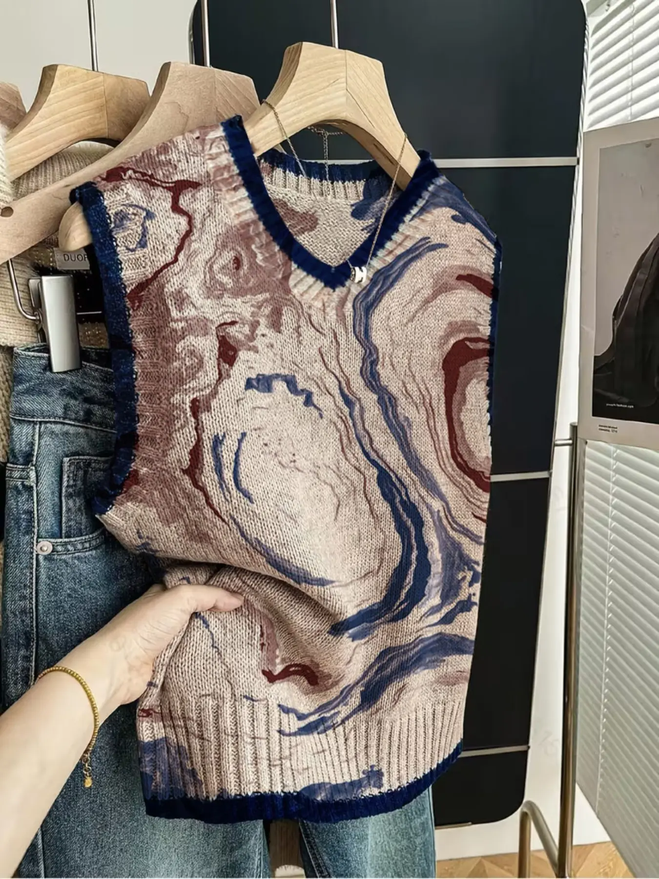 Spring Summer Elegant Women's Marble Print Vest Sweater, Casual Patchwork Short Sleeve Knitwear, Comfortable Daily Wear Top