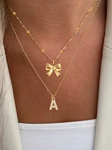2Pcs/Set Pave Zirconia Initial Bowknot Women's Necklace Trendy Classic Golden Stainless Steel Bead Chain Layered Choker Necklace For Women Initials Necklace