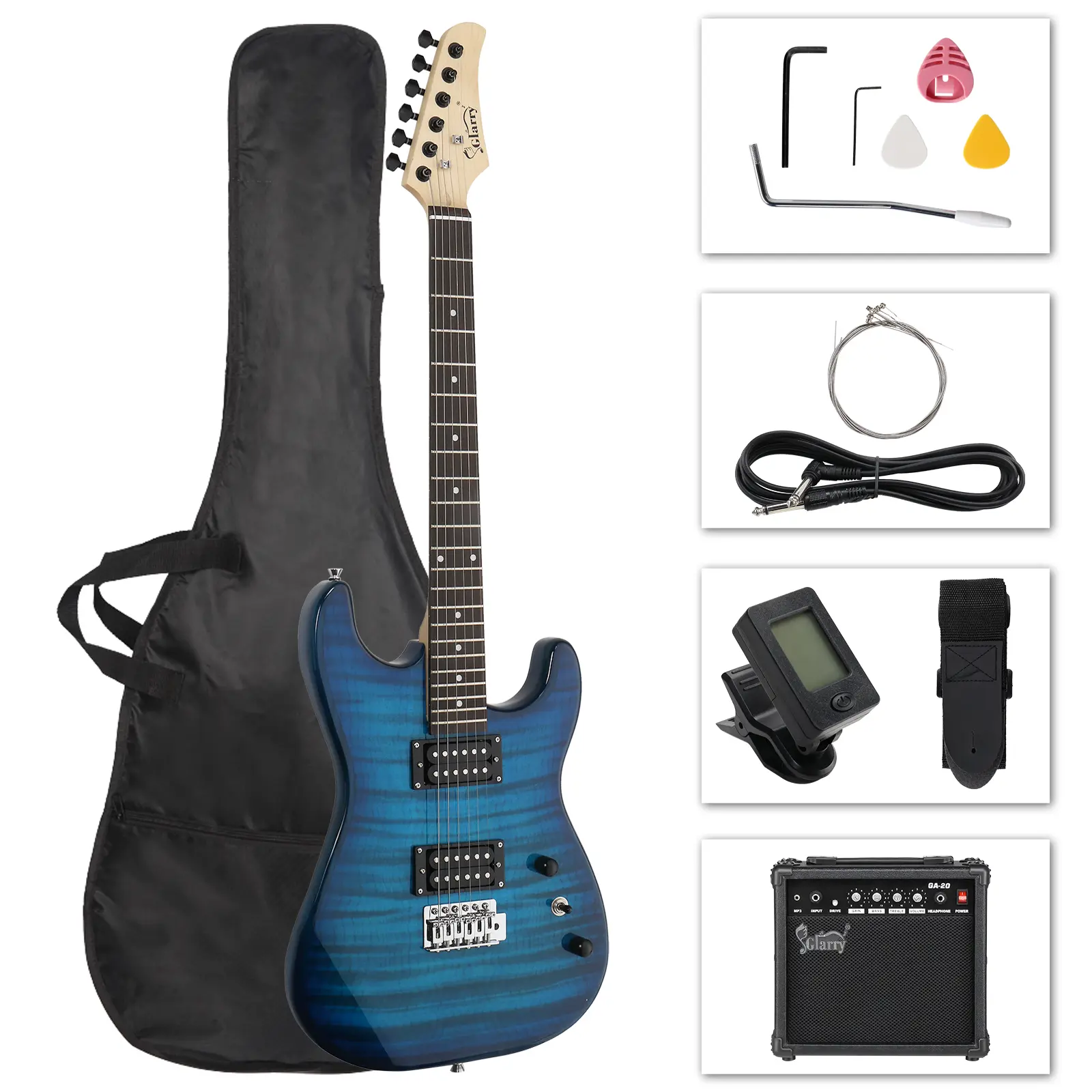 Glarry Tiger Stripe 39 inch 6-String H-H Pickups Beginner Electric Guitar Kit for Adults & Teens, Includes 1 x 20w Guitar Amplifier with 1/4" Headphone Jack, 1/8" Aux Input for MP3, Bag and Strap, Cable, 2 x Wrench Tools & Accessories, Includes Bag And St