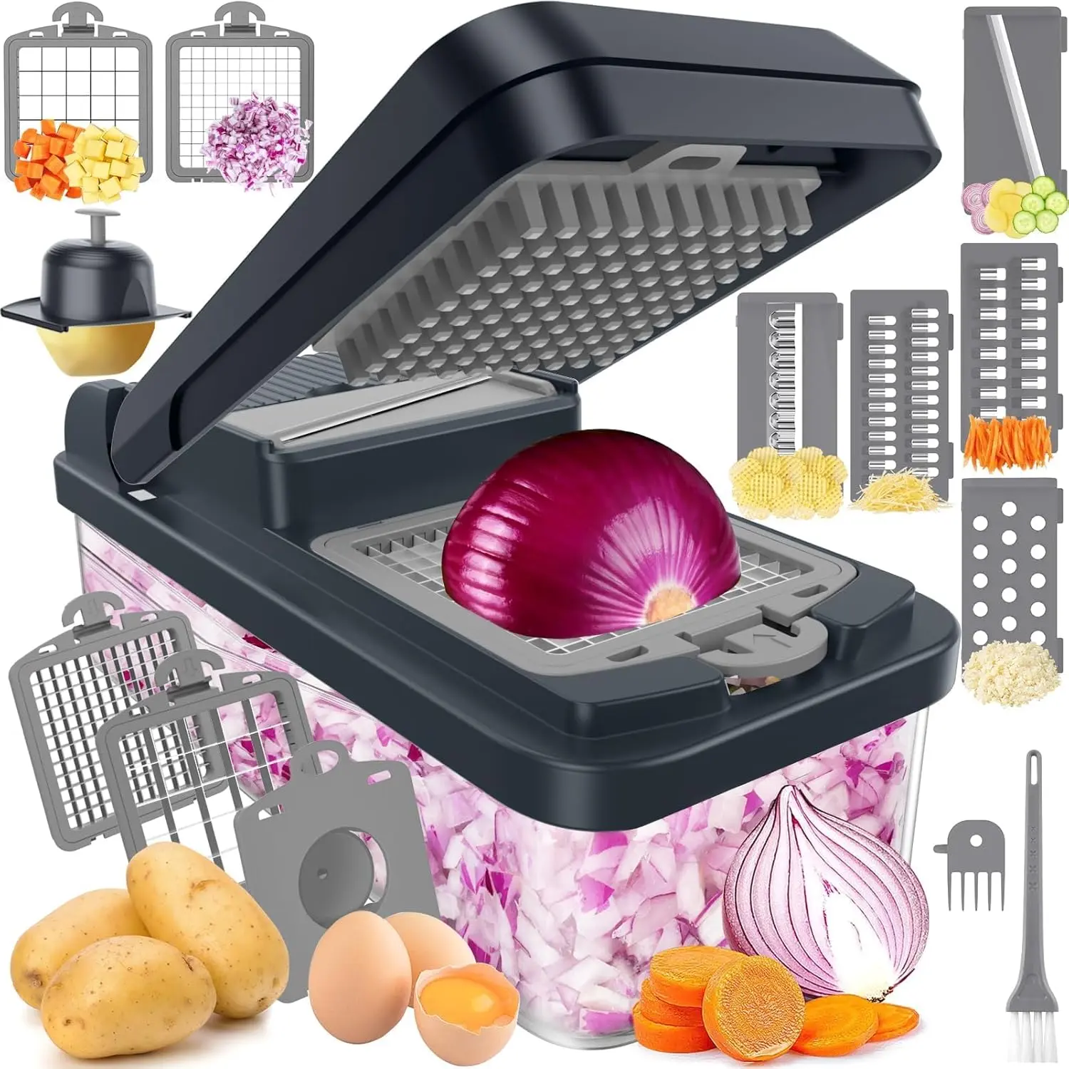 12-in-1 Vegetable Chopper with 7 Blades, Food Veggie Cutter, Mandoline Gray | Includes Egg Separator, Food Container and Finger Guard, Non-slip Base, for Chopping, Slicing, Shredding, and Mincing