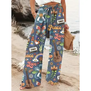 Women’s high-waisted wide-leg pants with “Peace & Love” graphic print — vibrant hippie design, comfortable casual loose fit, polyester blend, perfect for summer beach or everyday wear; beach pants bottoms fabric