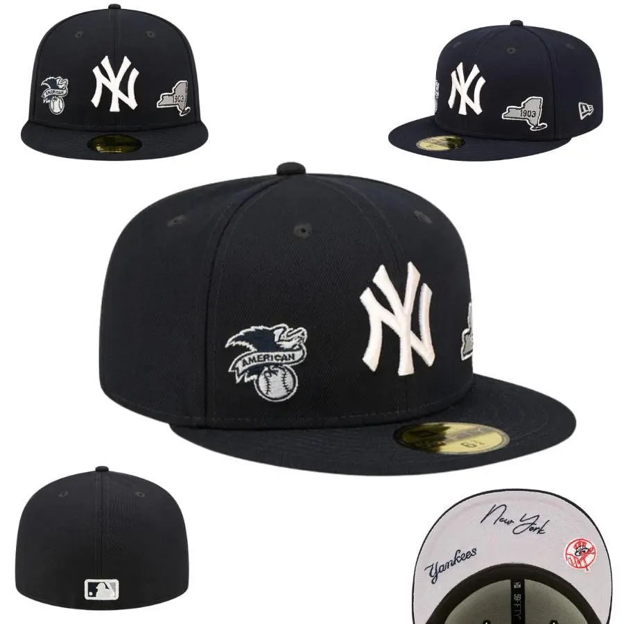 New Era 59FIFTY New York Yankees Fitted Baseball Cap – MLB Flat Brim Hat with Raised White NY Logo, 1903 New York State Patch, American League Side Embroidery & Grey Undervisor