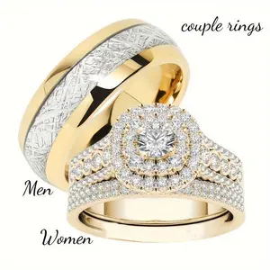 Wedding Rings for Men and Women, Wedding Ring Sets for Couples, Engagement Rings in Yellow Gold Plating with Zirconia, Bride and Wedding Ring Sets in Titanium nugget ring bridal ring