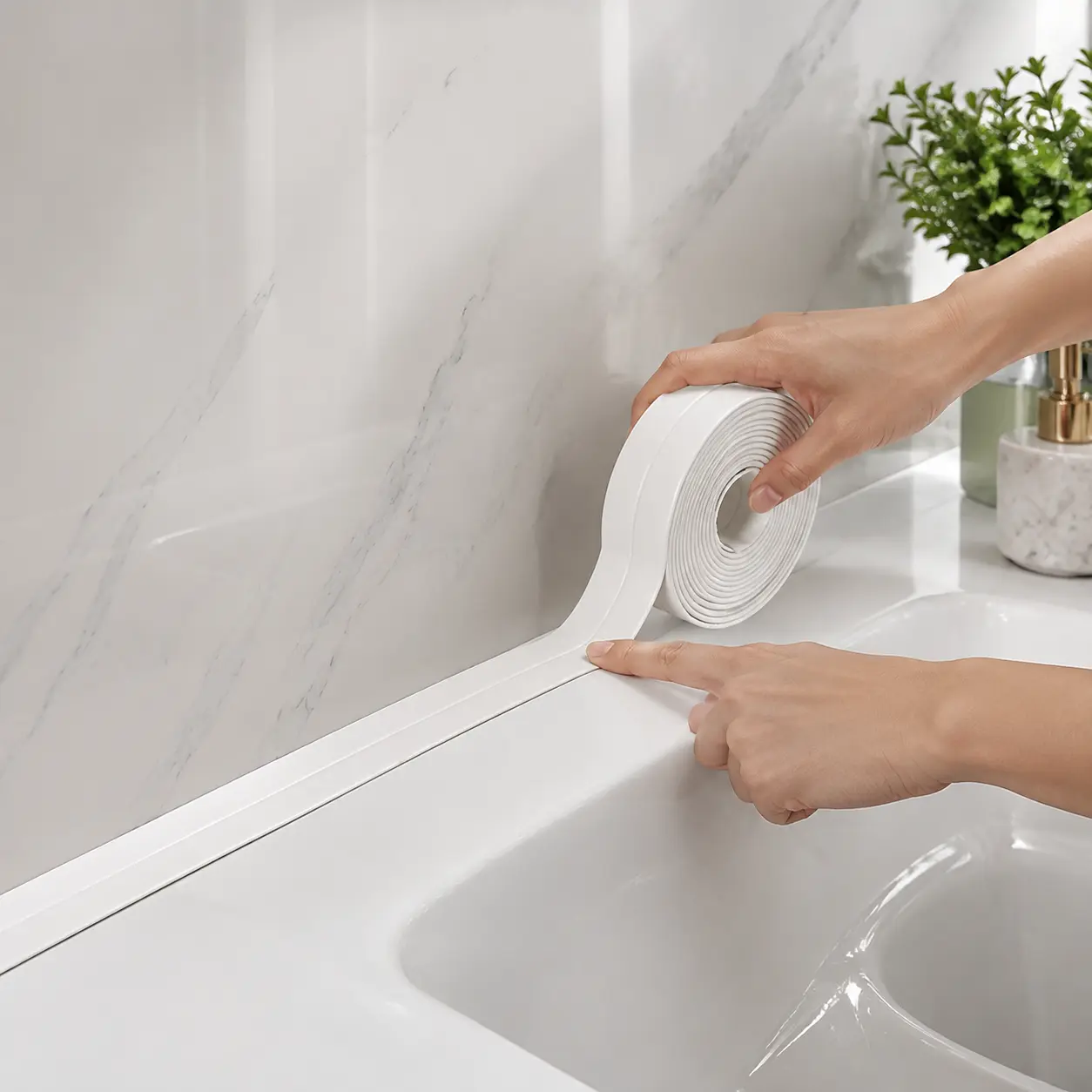 Self-Adhesive White Caulk Tape - PE Invisible Waterproof Sealant Strip with Strong Adhesion, Easy to Apply for Bathroom & Kitchen Edges (1/3 Roll)