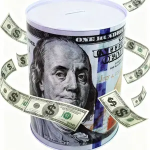 $100 Dollar Bill Piggy Bank Tall Coin Saving Money Currency Benjamin Franklin Tin Can Banknote Jar for Kids and Adults Unopenable Metal Design