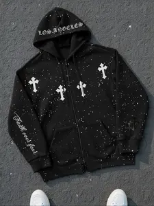 Men's Zip Up Hoodie Sweatshirt, Fashion Starry Shiny Fashion Hooded, Loose Casual Long Sleeve Pullover For Fall Outfits & Winter Outfits, Thick Soft Fabric, Mens Top For Daily Wear, Graphic Print Hoodie, Gothic Rock Hoodie, Gothic Style Hoodie