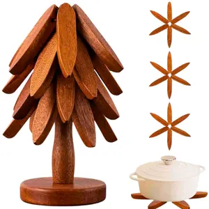 Natural Tree Trivet Set - 4 Wooden Trivets & 1 Stand - Heat-Resistant Foldable Design - Durable & High-Quality Solid Wood - Ideal for Hot Dishes, Pots, Bowls, Teapots - Kitchenware & Tableware Coasters