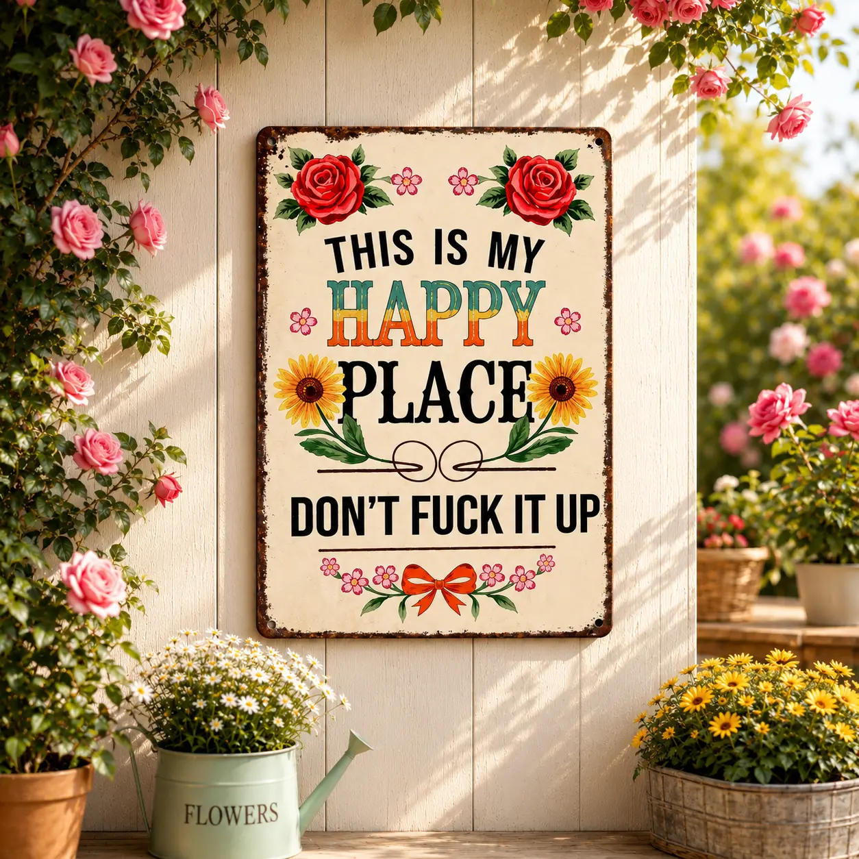 This Is My Happy Place Funny Garden Sign, Floral Metal Wall Decor for Garden, Patio, Backyard, Bedroom office Decor, Outdoor Wall Art, Humorous Tin Sign Gift 8x12 Inch room