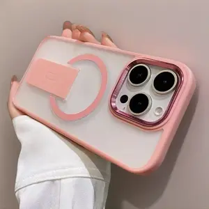 Magnetic Frosted Pink Silicone Soft Shockproof TPU-PC Protective Cover with Magnetic Bracket for iPhone 13,14,15,16 ProMax,17 - Customized Protection, Father's Day Gift Idea