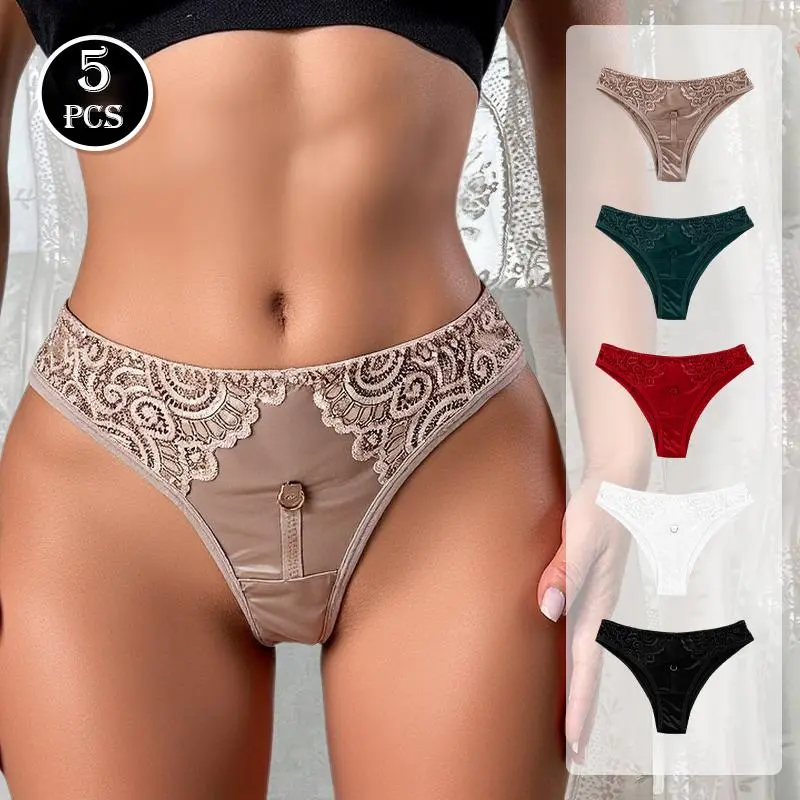 Women's 5-Pack Low-Rise Trim Lace Panties - Soft Breathable Knickers, Stretchy Underwear for Daily Wear, Bridal Use, Chinese New Year - Preppy Style, 5 Mixed Colors