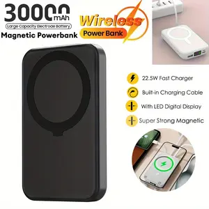 30000mAh Magnetic Wireless Power Bank, with LED Display, 22.5W Fast Charging, Built-in USB/Type-C Interface, Suitable for iPhone and Samsung, Android Phones, Portable External Battery Pack, Black