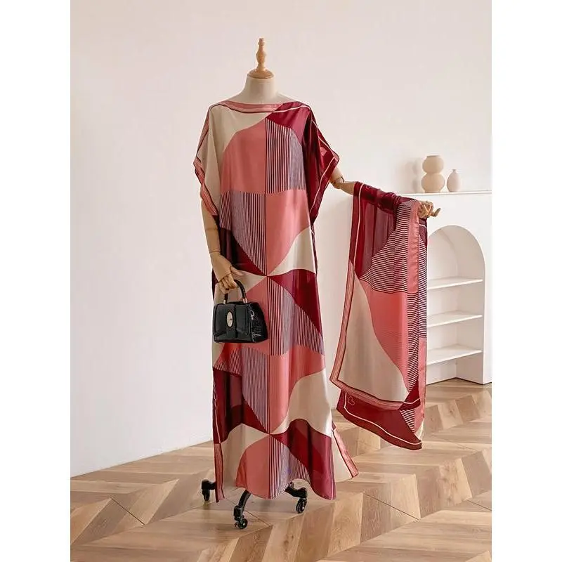 Women's Polyester Colorblock Print Long Scarf-Poncho Set Pack, Breathable Loose-Fit Casual Shawl Beachwear for Beach Vacation, Women's Fashion Home Care Apron Accessory