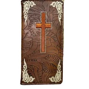 Cross Western wallet Cowboy wallet Religious wallet embossed look embroidered faux leather long checkbook bifold wallet