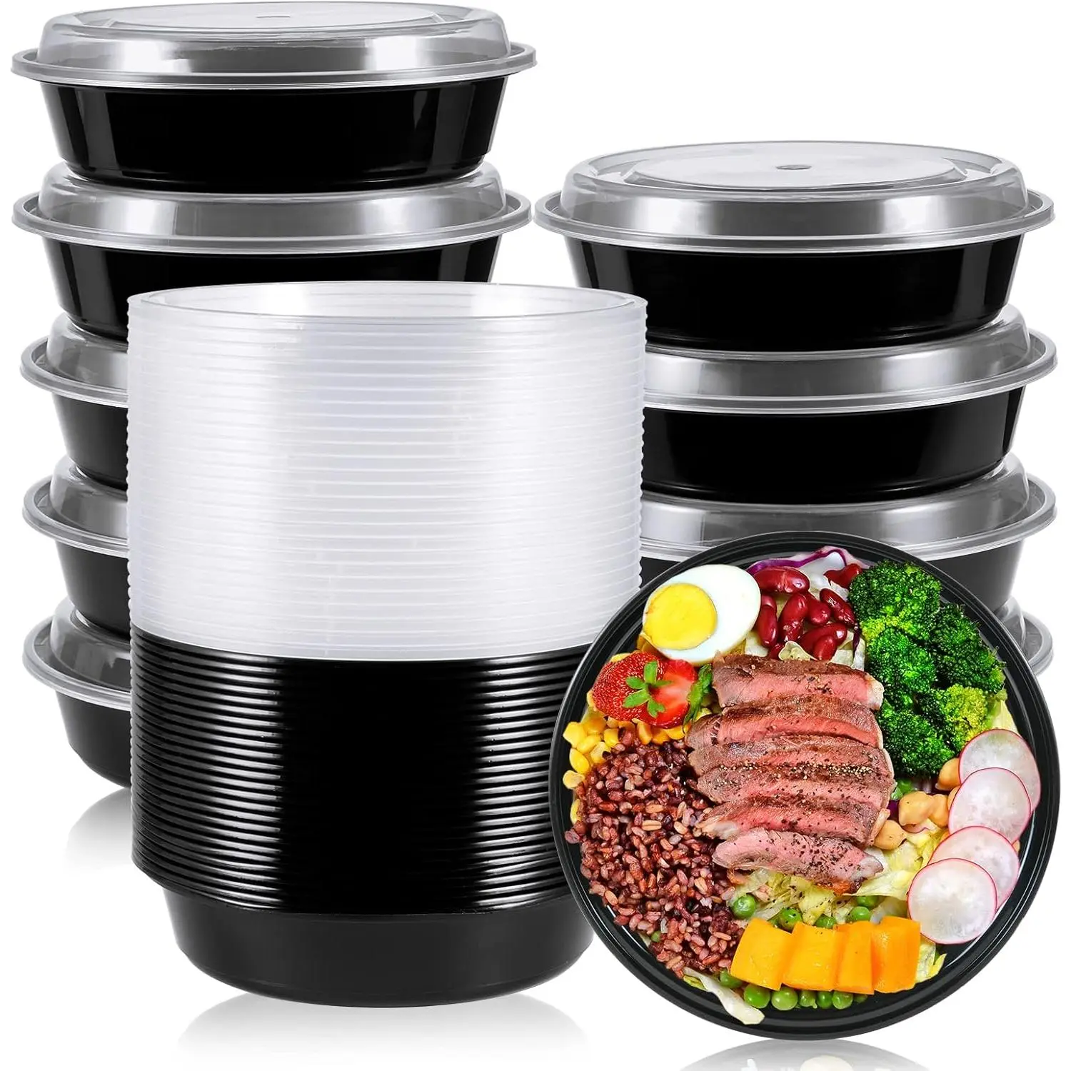 50-Pack Durable Shatterproof Disposable Plastic Meal Prep Containers - 24oz Round Leak-Proof Salad Bowls with Groove Lids, Stackable, Microwave & Freezer Safe for Events, Kid Snacks (Home & Festive Party Tableware Supplies)
