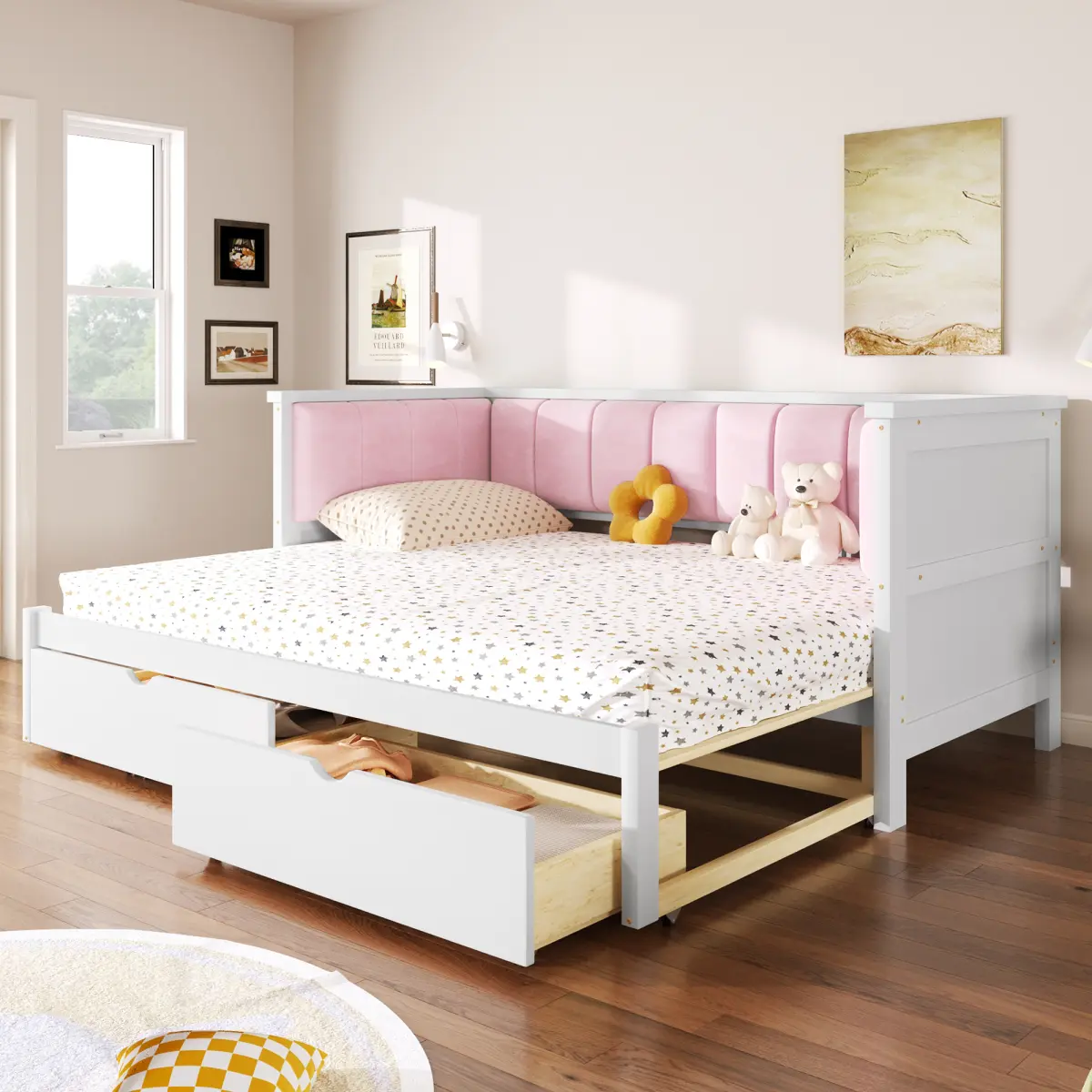 Twin XL to King Size Daybed Frame with Two Storage Drawers and Upholstered Backrest, Wooden Platform Bed Frame with Slats, No Box Spring Needed,White+Pink