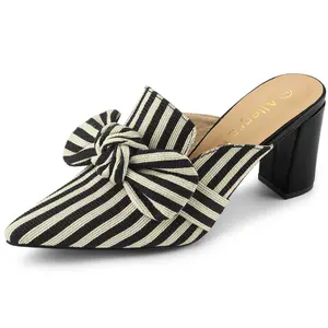 BLISSFUL STEP Stripe Bow Pointed Toe Block Heel Slides Mules Black