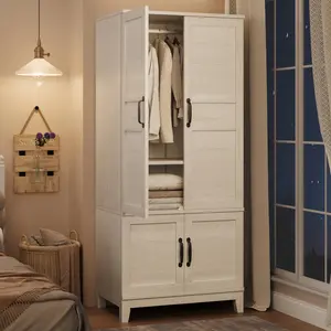 OP-Garvee Freestanding Wooden Armoire Wardrobe Closet - 72" Tall, 4 Doors, 18 Adjustable Shelves, Hanging Rod, Bedroom Storage Cabinet, Modern Style