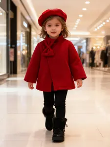 Baby Girl's Solid Color Bow Decor Coat & Hat Set, Cute Long Sleeve Outerwear & Hat for Fall & Winter, Infant Toddler Kids Clothes for Daily Wear, Baby Clothing