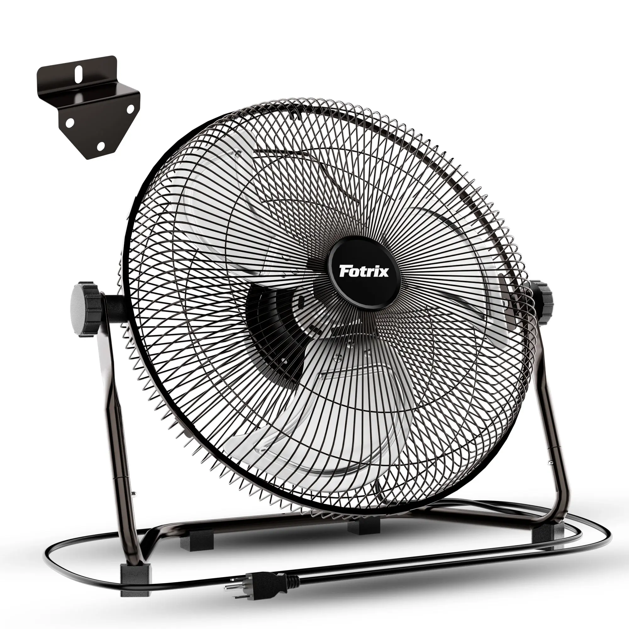 High-speed industrial floor and wall mounting fan, heavy metal construction, adjustable three speed settings, wall mounting kit, 360° tilt angle, quiet dual roller motor, cable management design, 3 aluminum blades, suitable for garages and workshops, adju