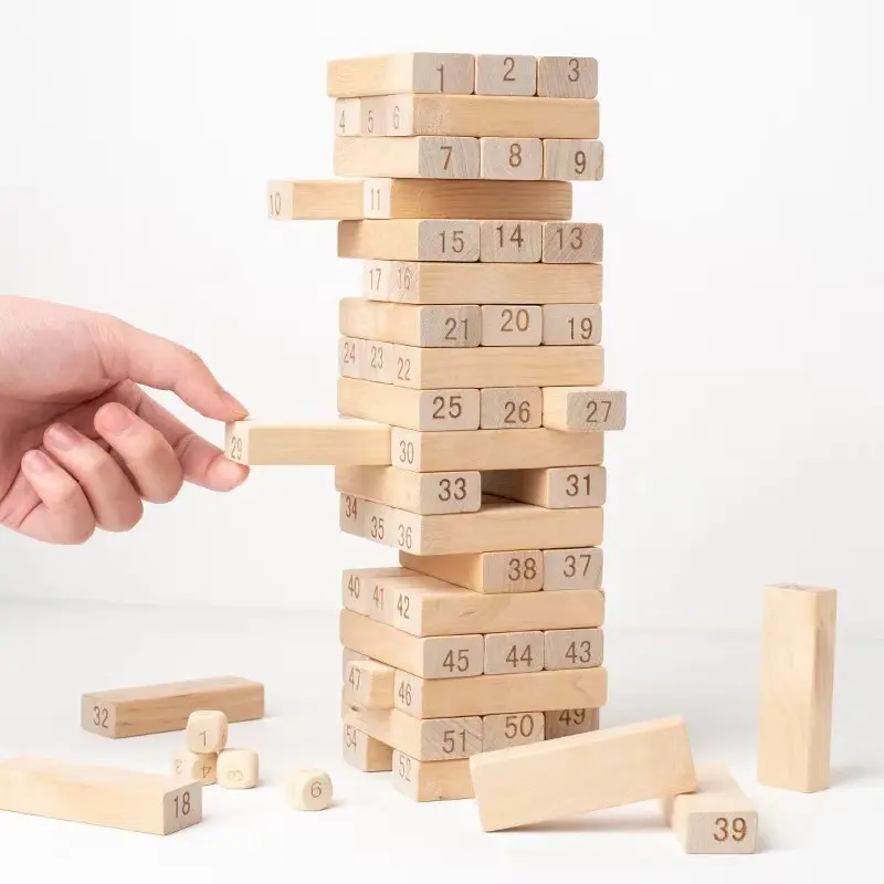 Timber Tower Wood Block Stacking Game, 54 Piece Block Set Classic Wooden Number Counting Blocks, Building, Toppling & Tumbling Games, Deluxe Stacking Game for Kids, Family Fun Game