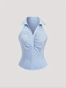 Women's Striped Shirt, Blouse, Casual Sleeveless Collar Top for Summer, Ladies Clothes for Daily Wear, Casual Classy Top, Collared Shirt, Casual Breathable Top