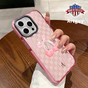 Phone Case for iPhone 16 Plus 15 Pro Max 14 13 12 11 Checkered cherry design Pattern Non-Yellowing Shockproof Soft Silicone Transparent Cover