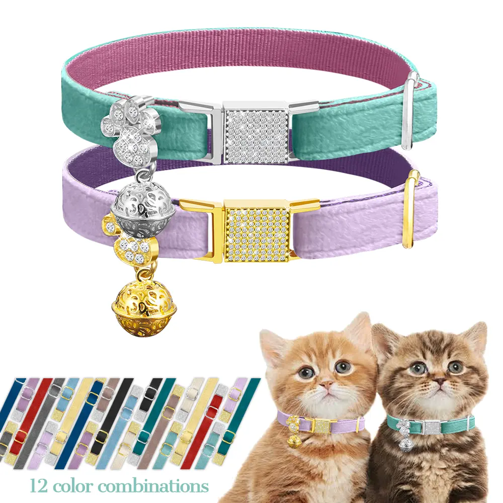 Sparkling Crystal Cat Collar - Luxurious Velvet Fabric Collar with Quick-Release Buckle, Bell, Crystal Sparkles, Skin-Safe Softness for Pets' Daily & Holiday Outfits