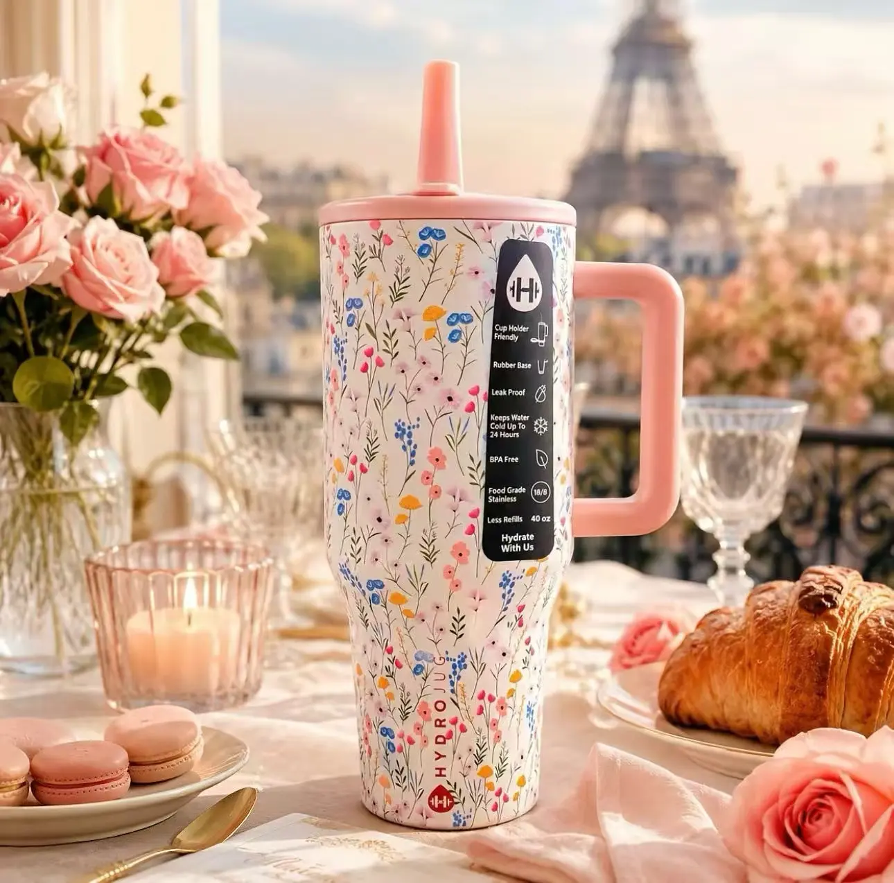 40oz Hydro Flowers Ins Style  Stainless Steel Tumbler - Vacuum Sealed Cloffee Cup with Straw, Portable Car Mug for Women & Adults