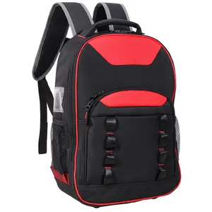 600D Oxford Cloth Multi-Functional Heavy-Duty Reinforced Tool Backpack, 14.5x17x18.8in Black Red 25KG Work Bag with Detachable Divider, Ergonomic Padded Back for Electricians, Heavy-Duty Tool Bags, Multi-Functional Tool Bags