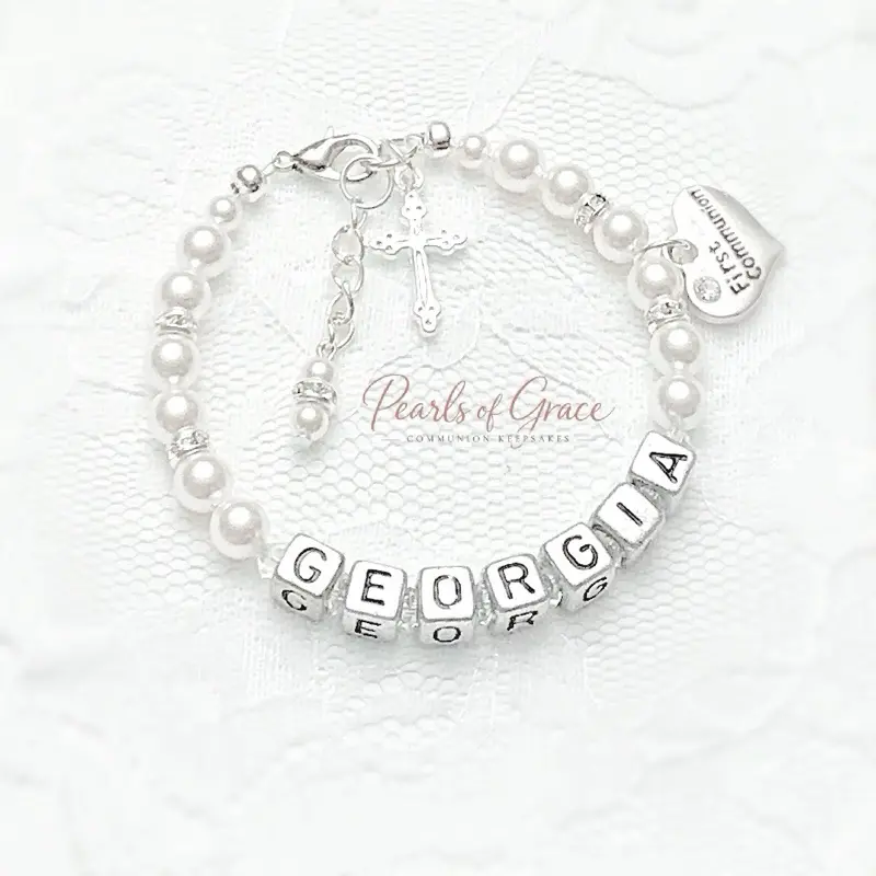 Personalized First Communion Bracelet for Girls Custom Name Pearl Bracelet Catholic Gift Keepsake with Cross Charm