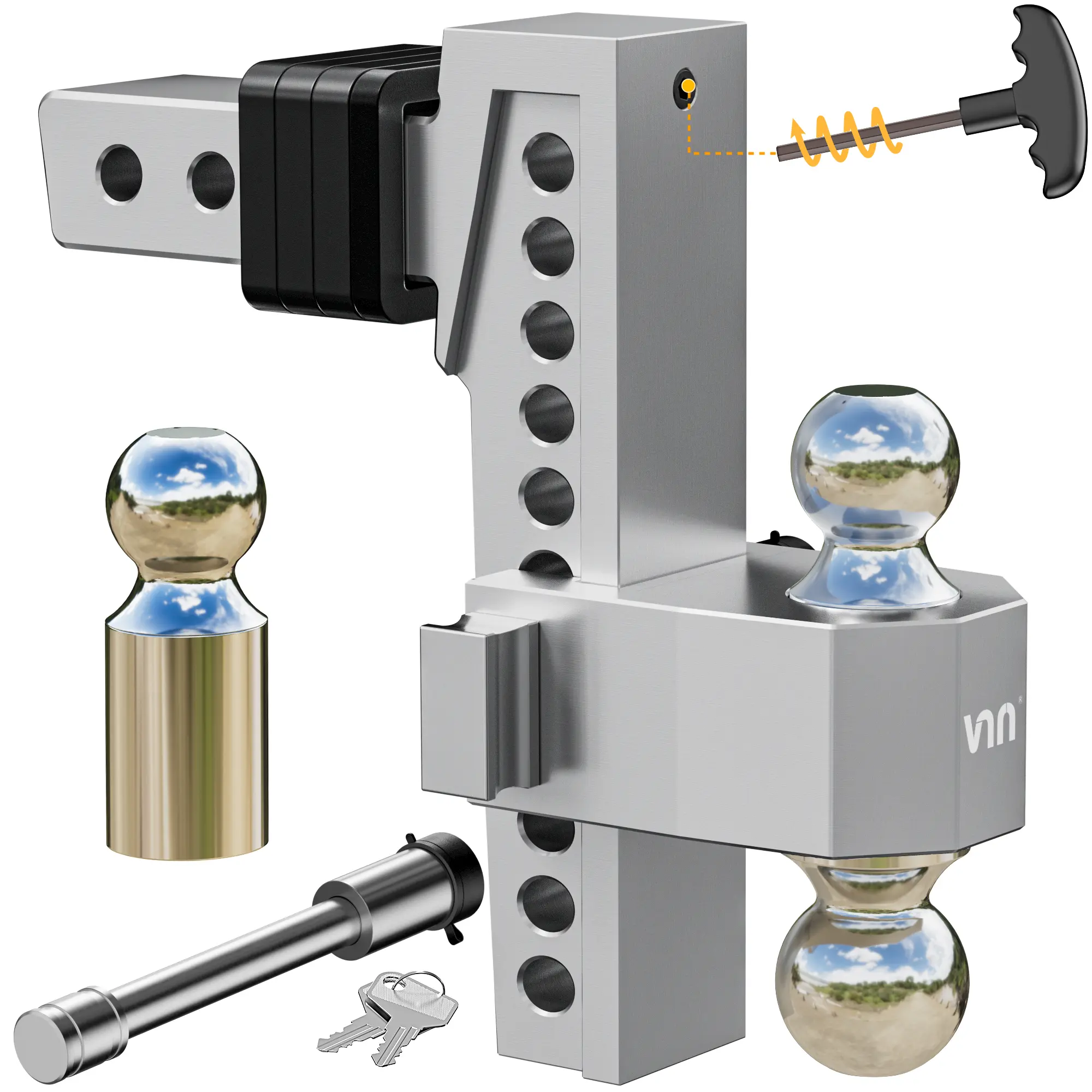 VNN Adjustable Trailer Hitch with 6-10 Inch Drop – Dual-Ball (2" & 2-5/16") Hitch for 2-Inch Receiver, 15,000 lbs GTW, Heavy-Duty Ball Mount – Silver