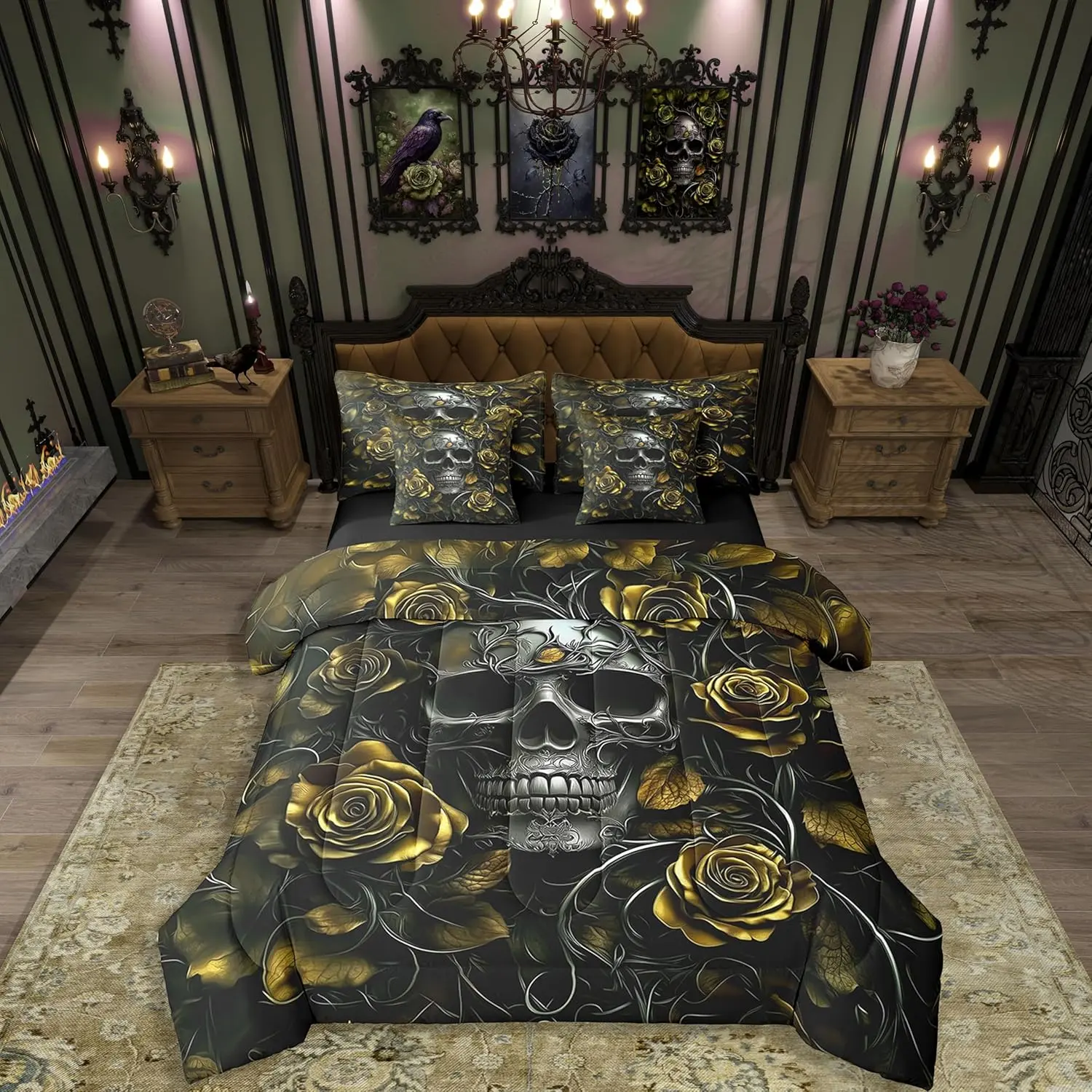 Feelyou 7-Pcs Sugar Skull Comforter Set - Yellow Rose Floral Gothic Skeleton Bed-in-a-Bag, Decorative Microfiber Bed Sets for Kids, Decorative Bedding Set
