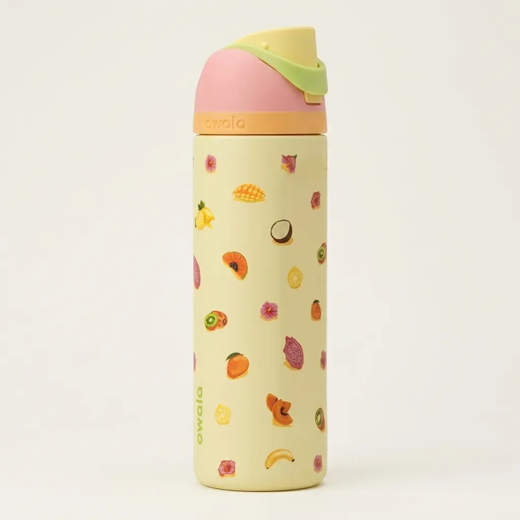 Owala Tropical Fruity 24oz Stainless Steel Tumbler, Insulated Travel Mug, Double Wall Vacuum Insulated Coffee Cup, Splash-Resistant Lid, Reusable Hot & Cold Drink Tumbler