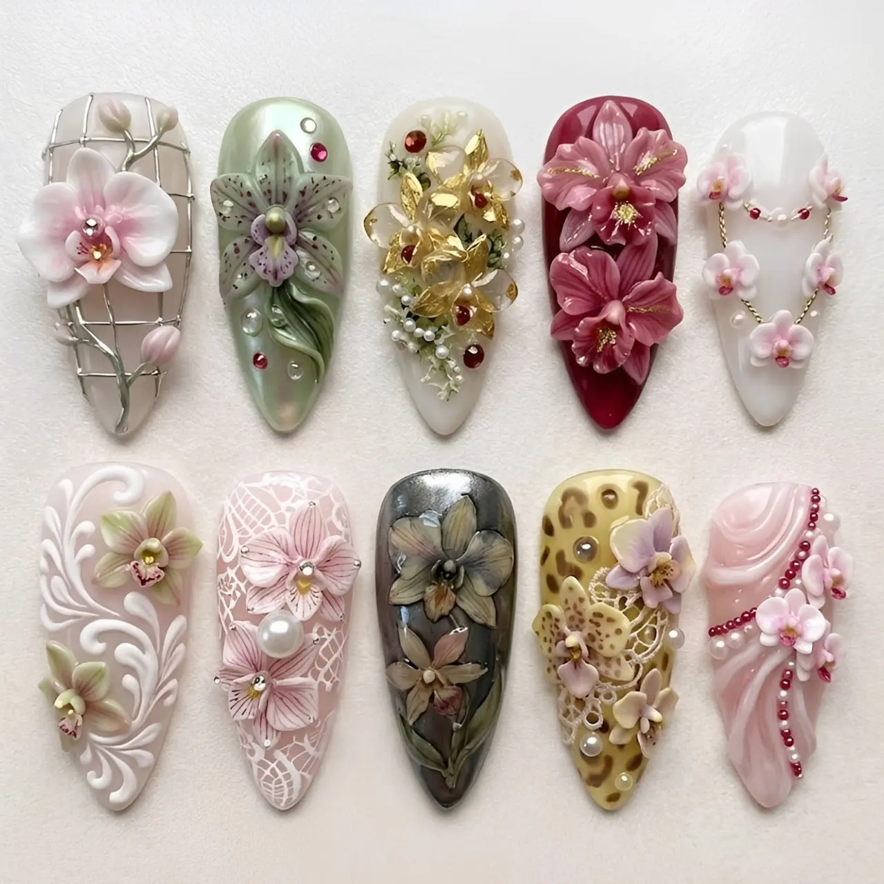 Handmade Press On Nails | Royal Orchid Garden | 3D Sculpted Flower, Pearl, Gold Leaf & Lace Set