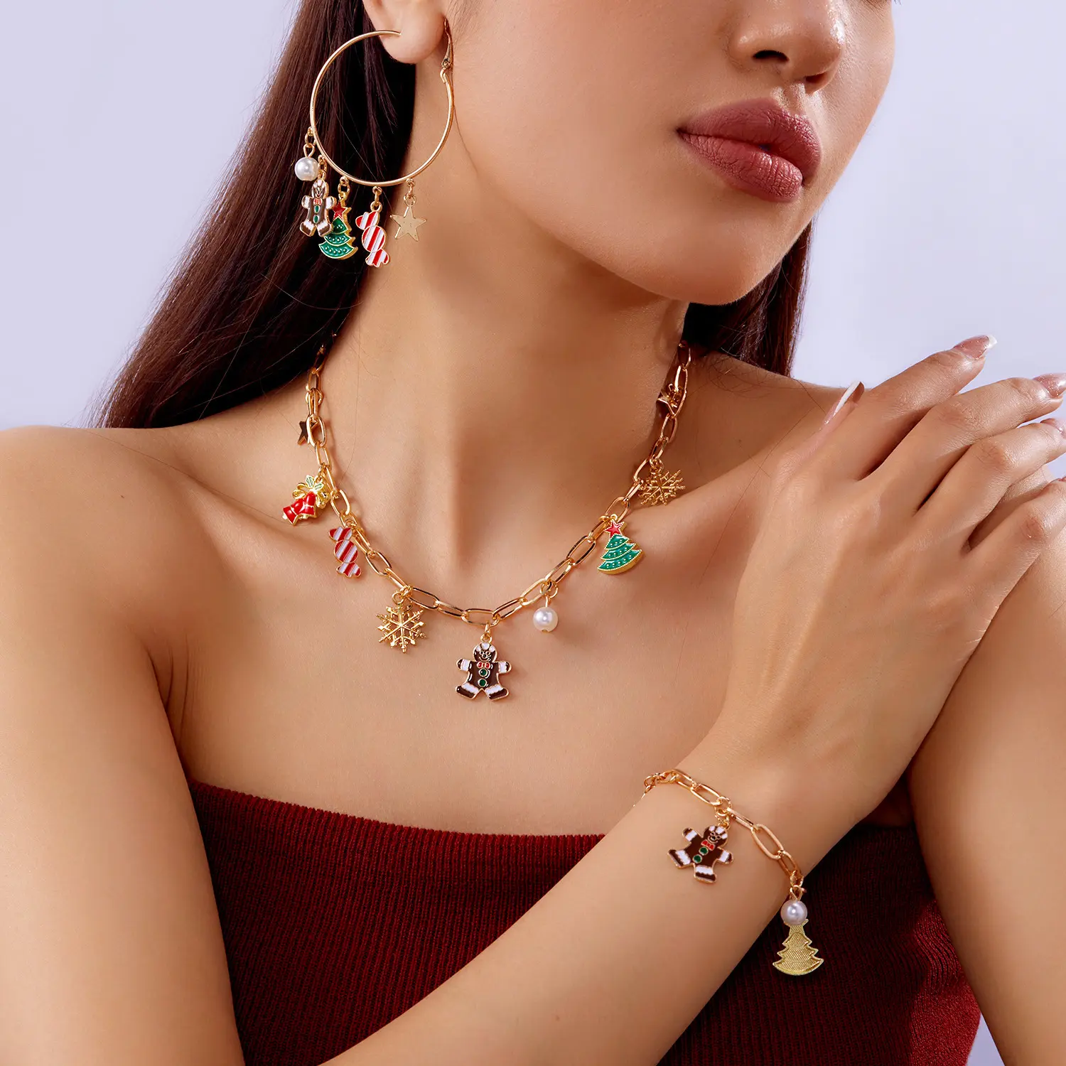 Women's Christmas Fashion Jewelry Gift Set - Gingerbread Man, Snowflake, Candy Themed Pendant, Earrings, Bracelet for Festive Holidays