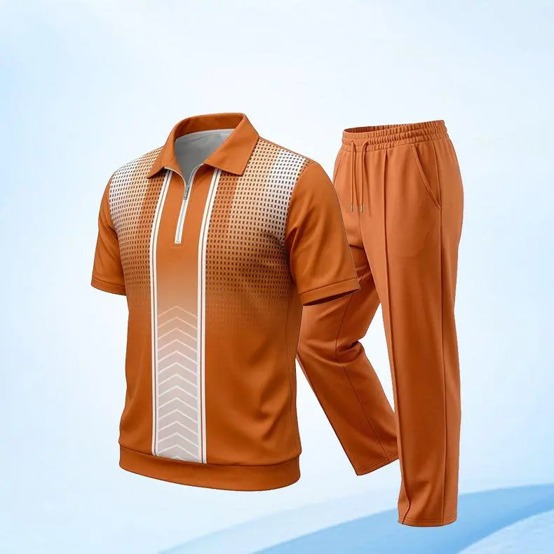 Men’s 2-Piece Athleisure Tracksuit Set - Loose-Fit Polyester Half-Zip Collared Short-Sleeve Buttoned Polo T-Shirt, Pull-On Straight Elastic Waistband Long Pants, Gradient Print, Machine Washable for Summer Golf, Running (Orange, M), Athleisure Tracksuit S