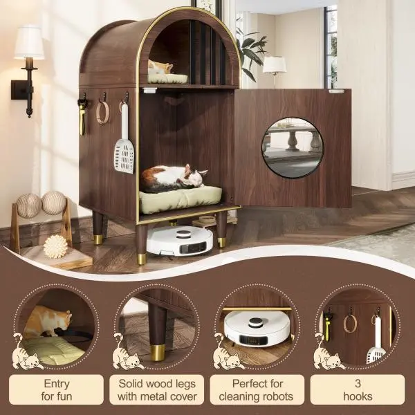 Eucalyptus Wood 2-Level Cat Condo Bed - Hidden House Enclosure, Arches, Natural Grain, Espresso Finish Indoor Furniture, Private Cozy Space, Vertical Access for Covered Litter Box & Up to 2 Cats, Two-Level
