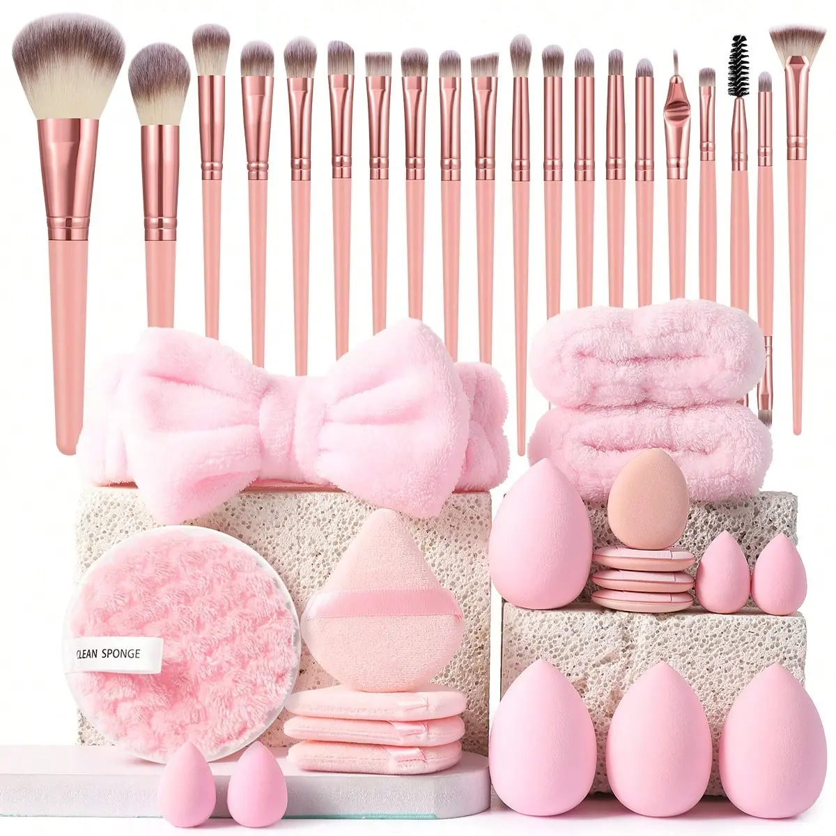 40-Piece Makeup Tool Set, Includes 20 Makeup Brushes, Hair Tie, Hand Bowls, Cleansing Sponge, Triangle Sponges, Travel-Friendly Gift Box