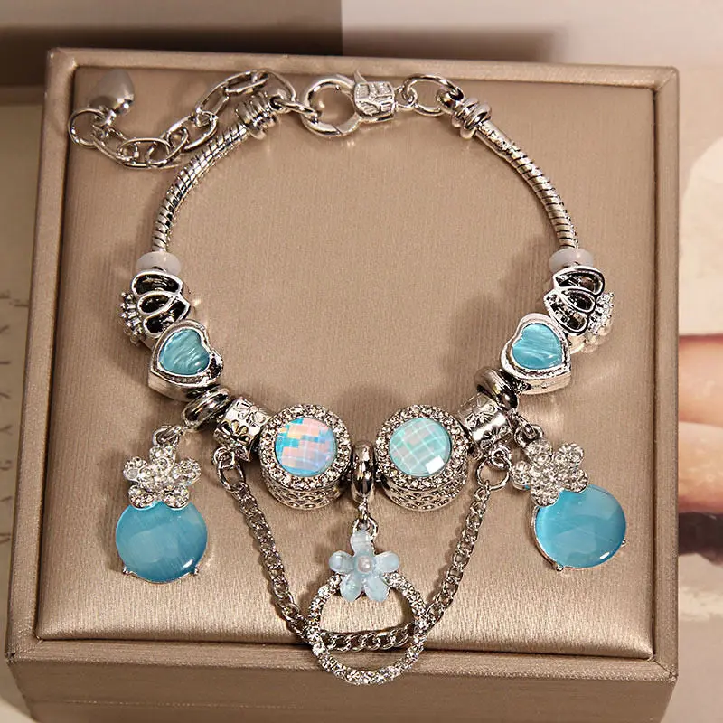 Icy Blue Princess Bracelet – Heart Charms & Crystal Flowers
