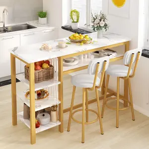 Lamerge 3-Piece Bar Table and Chairs Set, Modern White Faux Marble Table with 2 PU Cushion Bar Stools, Kitchen Counter with 3 Tier Storage Shelves, Space Saving Table for Home & Kitchen, Gold Frame island  desk