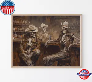 Wild West Remains Skeleton Cowboy In a Bar Oil Poster | Western Poster | Cowboy Art | Road Trip Gift | Southwestern Poster