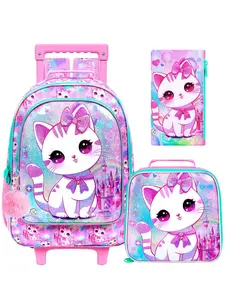 Three-Piece Girls Rolling Backpack Set, Cute Cat Print School Bag with Wheels, Bookbag & Lunch Box, Suitable for Girls