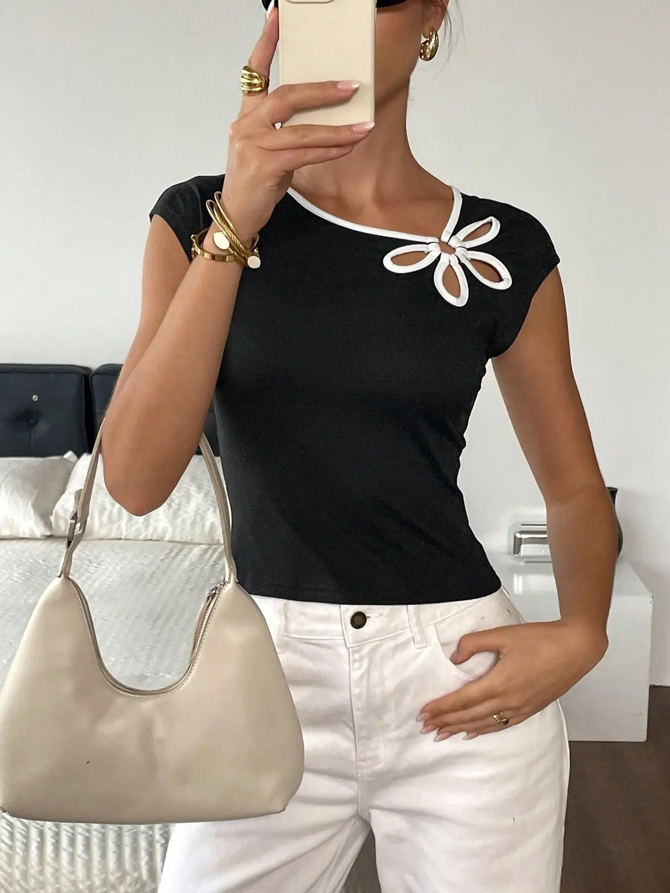 Women's Asymmetrical Neck Flower Cutout Top, Short Sleeve Slim Fit Casual T-Shirt, Colorblock Design, Fashionable Ladies' Clothing