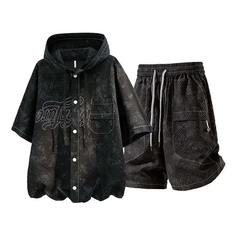 Men's 2-Piece Vintage Gradient Hooded Short-Sleeve Shirt & Coordinated Shorts Set, Casual Tie Dye Clothes with Textured Embroidery, Polyester Drawstring Knee-Length Bottoms, Breathable Cool-Touch Summer Athletic Wear, Letter Print Menswear Sets