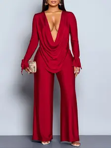 Women's Sexy Elegant Lady Two-Piece Set, Matching Outfit Set, Suits, Fitted Long Sleeve Top & High Waist Wide Leg Pants, Fall Winter Chic Fashion, Plus Size Solid Clothing, Womenswear